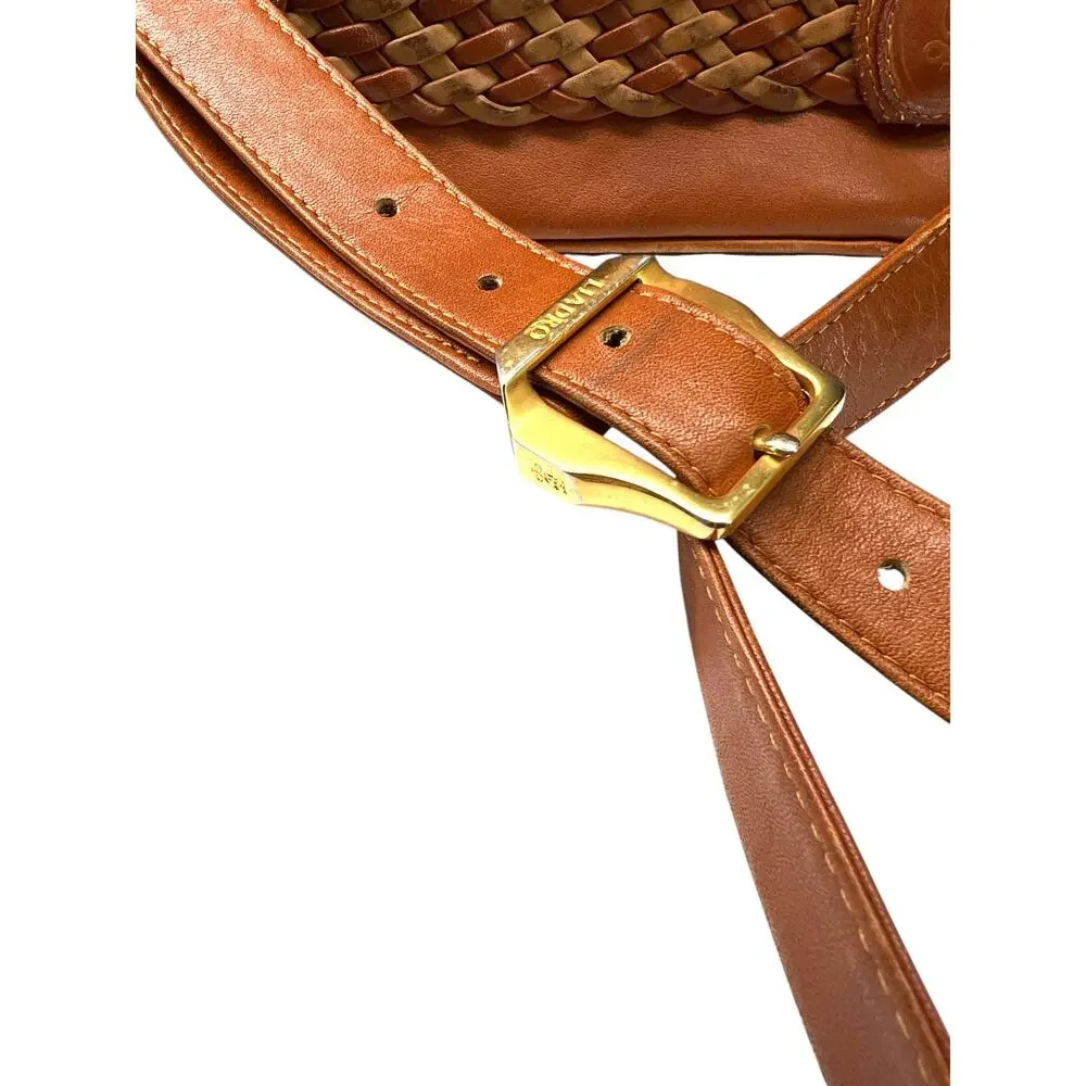 Vintage 90's Lladro purse Bag Shoulder Crossbody Woven Leather Brown Brass - Picture 2 of 9